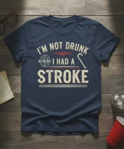 T-shirt with "I'm Not Drunk I Had A Stroke" text, brain graphic, and cane symbol