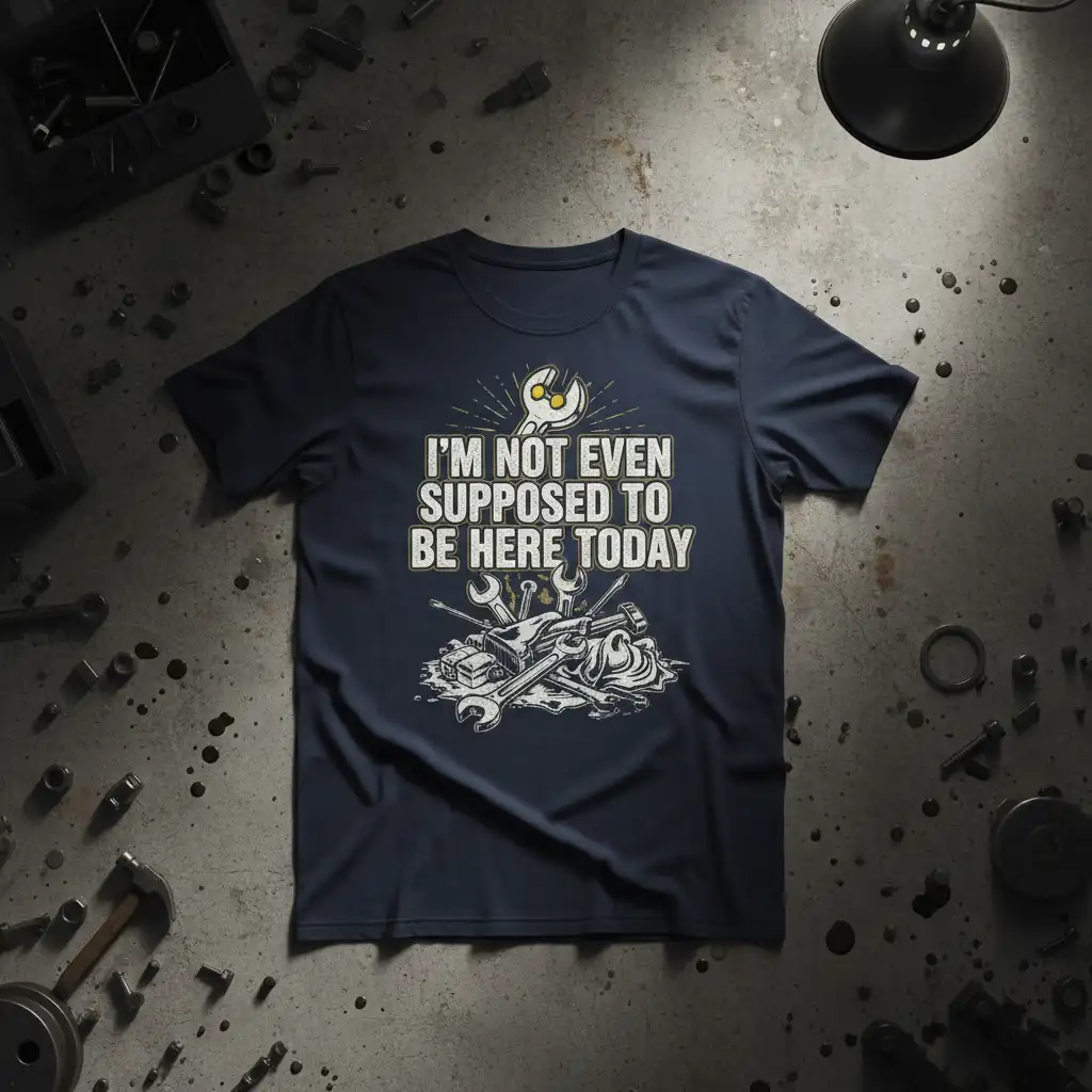 I'm Not Even Supposed To Be Here Today quote on a mechanic t-shirt with tool graphics