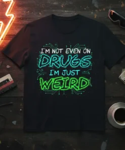 Black t-shirt with neon green and blue text reading "I'm Not Even On Drugs I'm Just Weird" with circuit board