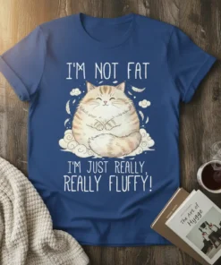 Graphic tee with "I'm Not Fat I'm Just Really Fluffy" text and a cute, plump cat sitting on clouds