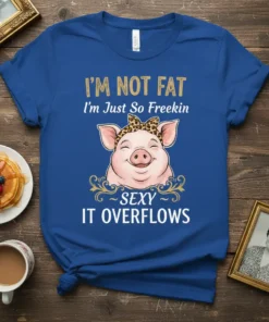 Blue t-shirt with "I'm Not Fat I'm Just So Freekin Sexy It Overflows" text and a smiling pig wearing a