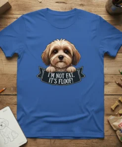 I'm Not Fat, It's Floof! text on a ribbon with a cute dog graphic above, on a blue t-shirt