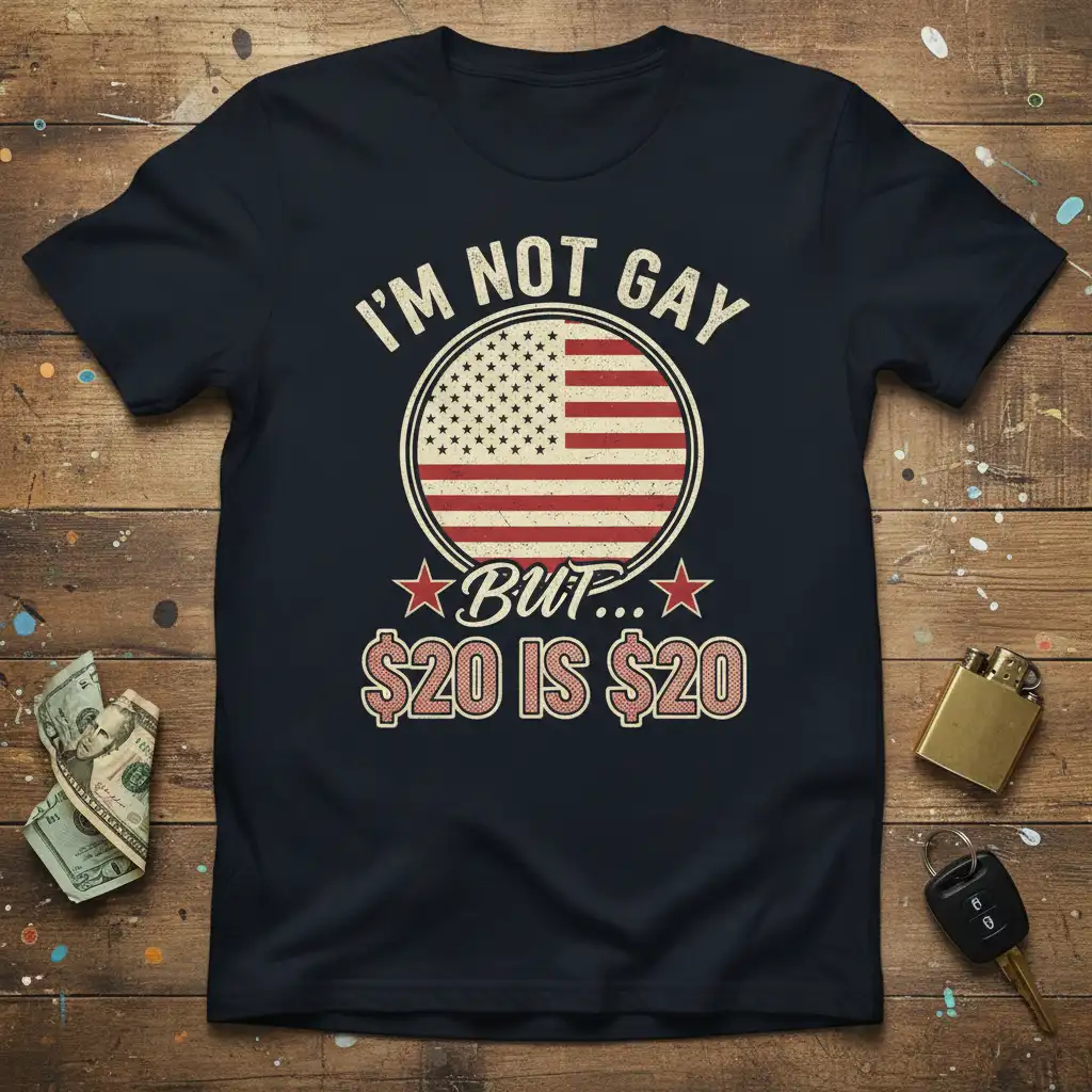 I'm Not Gay But $20 Is $20 quote with American flag emblem on a dark tee