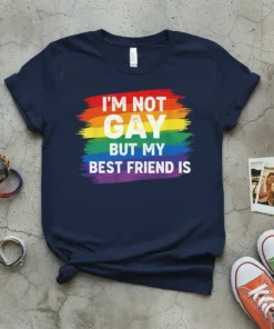 Navy t-shirt with rainbow brushstroke design and text "I'm Not Gay But My Best Friend Is" in white and yellow