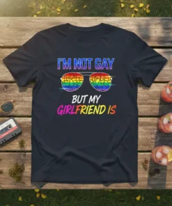 I'm Not Gay But My Girlfriend Is text with rainbow cracked sunglasses graphic on a black t-shirt, pride design