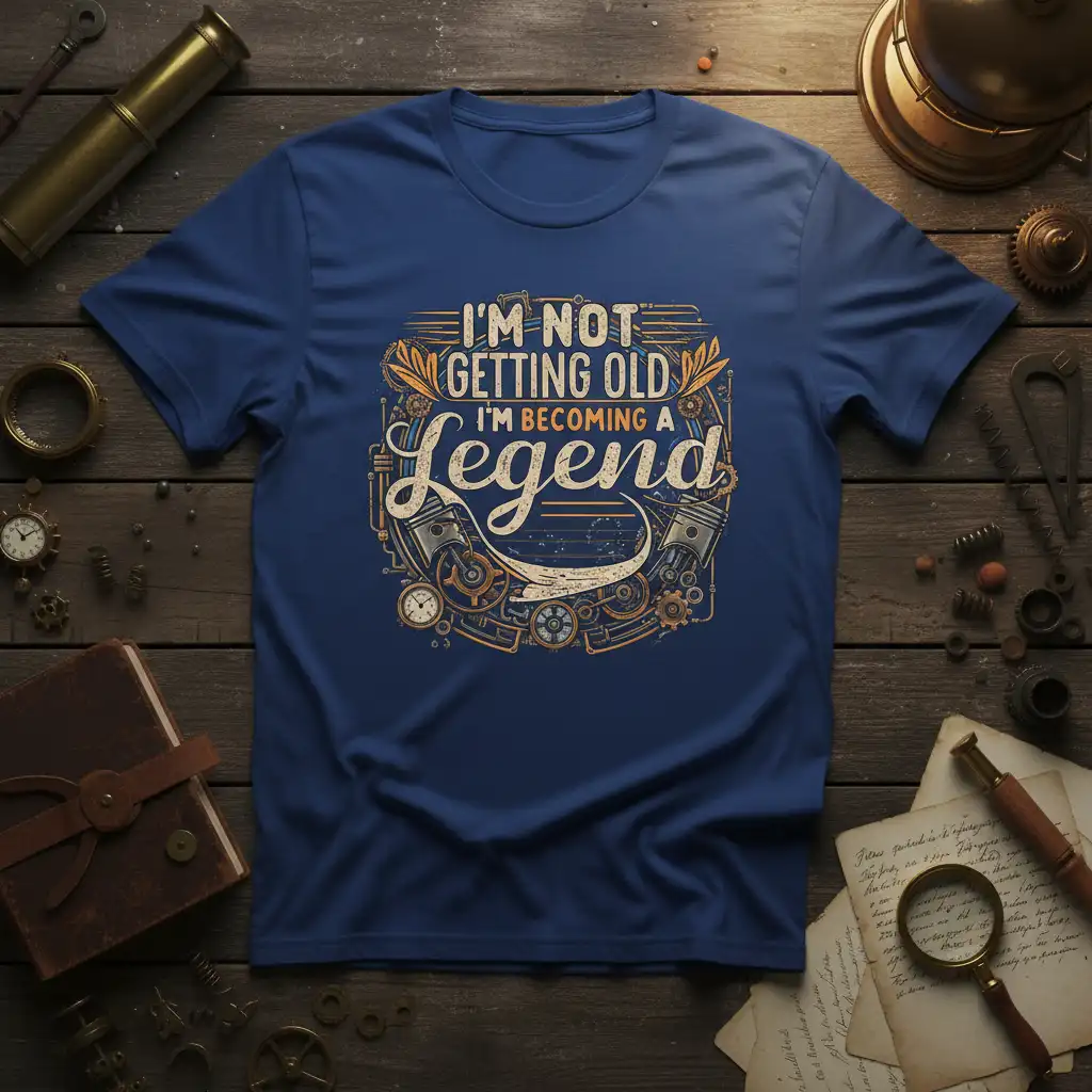 I'm Not Getting Old I'm Becoming A Legend quote with vintage engine graphics on a blue tee