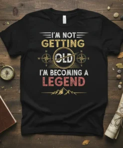 Black t-shirt with "I'm Not Getting Old I'm Becoming A Legend" quote in vintage style font, featuring compass graphic and
