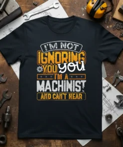 Black t-shirt with white, orange, and grey text that reads "I'M NOT IGNORING YOU YOU I'M A MACHINIST AND CAN'T