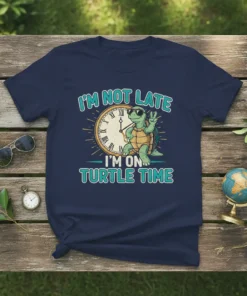 I'm Not Late I'm On Turtle Time t-shirt with a graphic of a cool turtle wearing sunglasses and a clock