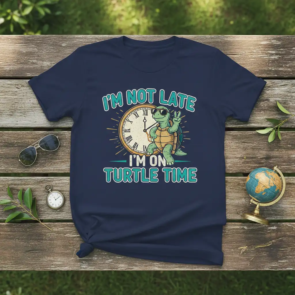 I'm Not Late I'm On Turtle Time phrase with a sunglasses-wearing turtle and clock graphic on a t-shirt