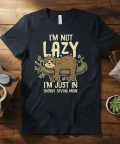 I'm Not Lazy I'm Just In Energy Saving Mode text with a cute sloth hanging on a branch design on