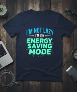 I'm Not Lazy I'm On Energy Saving Mode text design on a navy blue t-shirt, featuring electric blue and teal