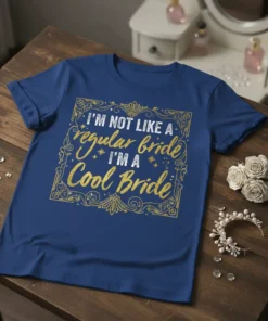 I'm Not Like A Regular Bride I'm A Cool Bride text design on a blue t-shirt, with gold glitter accents