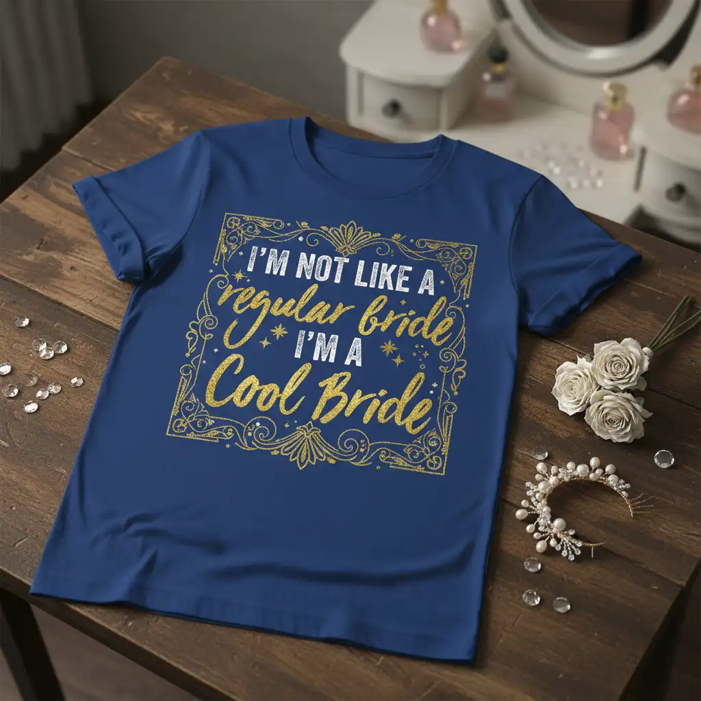 I'm Not Like A Regular Bride I'm A Cool Bride quote in gold glitter typography on a navy blue t-shirt