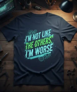 I'm Not Like The Others, I'm Worse quote t-shirt with neon green and blue typography and gear graphics