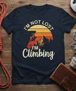 I'm Not Lost I'm Climbing vintage sunset t-shirt with a rock climber silhouette ascending mountains