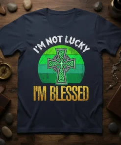 I'm Not Lucky I'm Blessed t-shirt with white text and a green Celtic cross graphic on a striped circle background