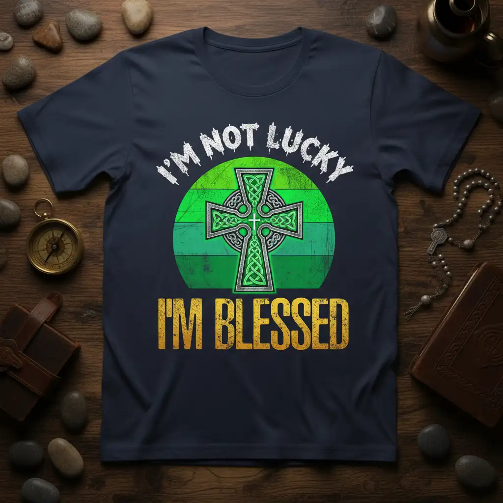 I'm Not Lucky I'm Blessed quote with Celtic cross graphic on a t-shirt