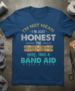 T-shirt with the humorous quote "I'm Not Mean I'm Just Honest The Truth Hurts Here, Take A Band Aid" in