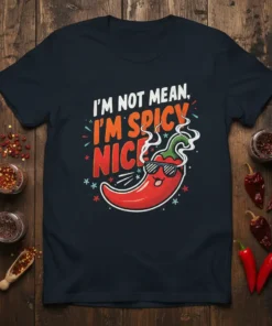I'm Not Mean I'm Spicy Nice t-shirt with a cartoon chili pepper wearing sunglasses. Features bold white and orange text