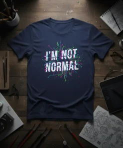 T-shirt with "I'm Not Normal" text in a glitchy, digital circuit board design, dark navy blue