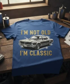 Blue t-shirt with gold text "I'm Not Old I'm Classic" and a vintage car graphic