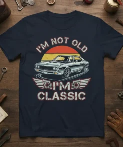 I'm Not Old I'm Classic t-shirt with a vintage car illustration and retro sunset graphic