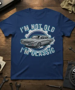 I'm Not Old I'm Classic text with a vintage silver car graphic and gear design on a navy blue t-shirt