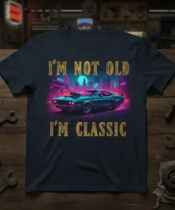 I'm Not Old I'm Classic quote on a navy t-shirt with a vibrant classic muscle car graphic and neon city