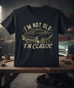 I'm Not Old I'm Classic text with vintage car graphic and gears on a black t-shirt