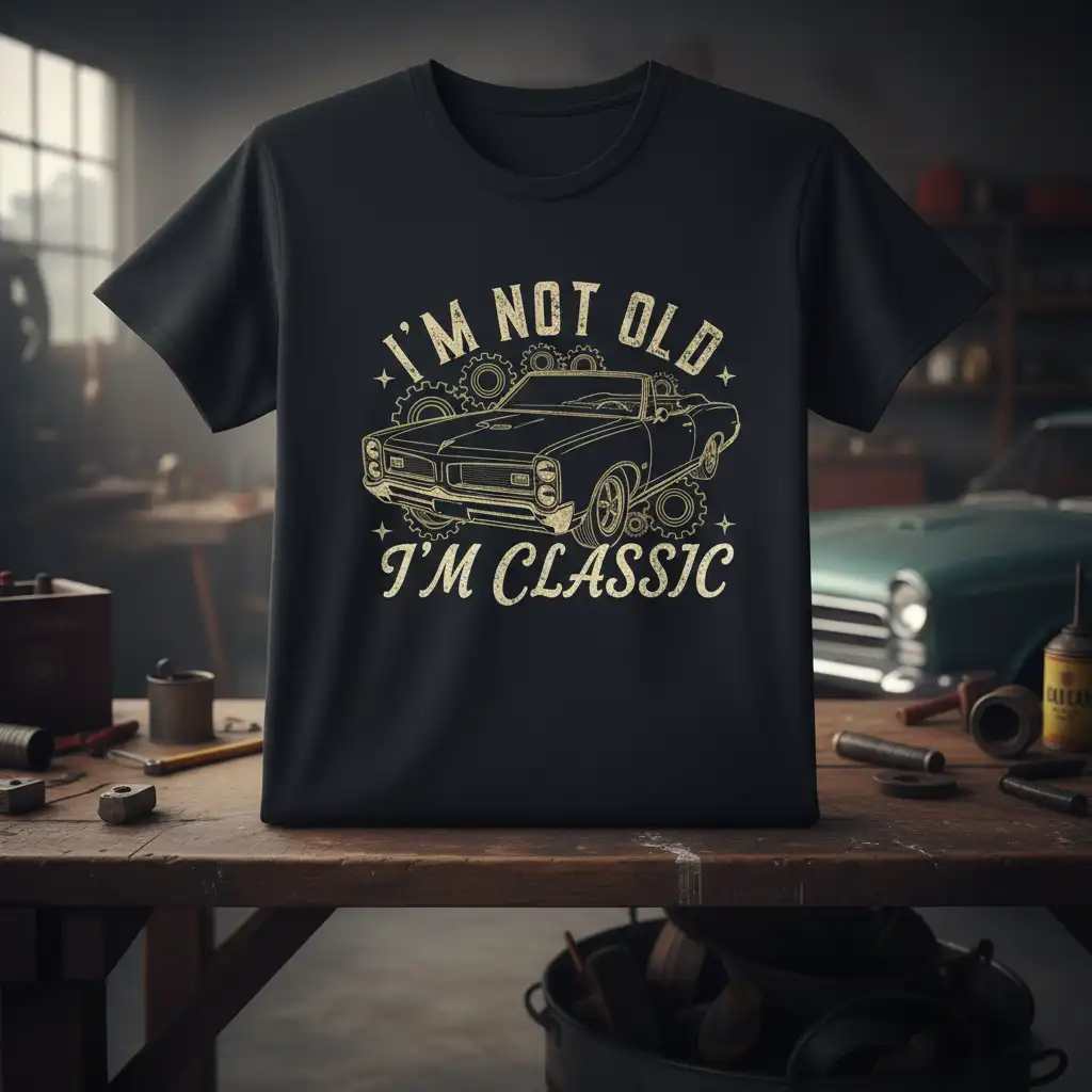 I'm Not Old I'm Classic quote and vintage convertible car design on a black t-shirt