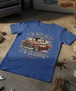 "I'm Not Old I'm Classic" text with a vintage red truck graphic on a blue t-shirt
