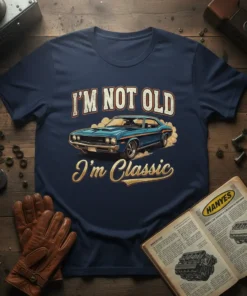 "I'm Not Old I'm Classic" text with a blue vintage muscle car graphic on a navy t-shirt