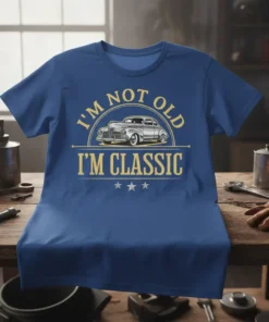 I'm Not Old I'm Classic vintage car t-shirt design with gold text and retro car graphic