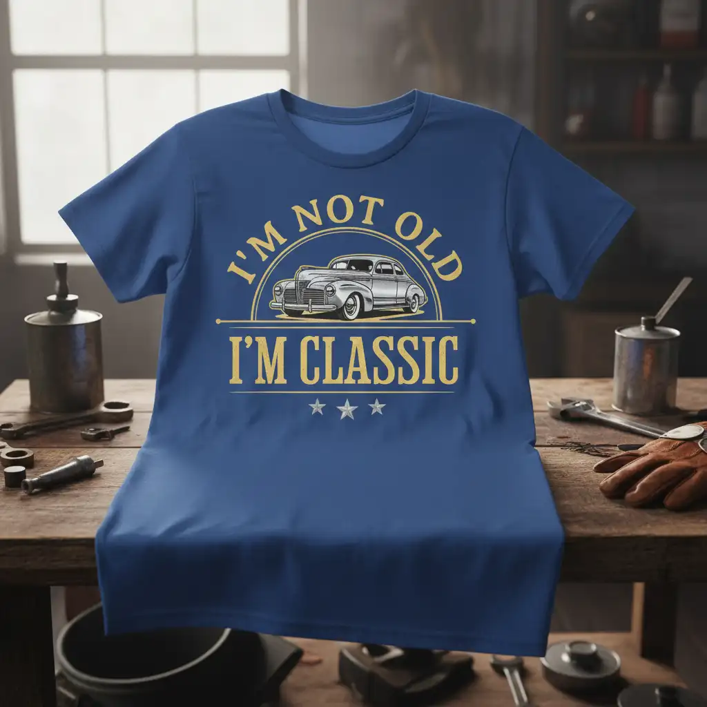I'm Not Old I'm Classic humorous quote with vintage car graphic on a blue t-shirt