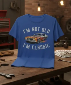 I'm Not Old I'm Classic text with a vintage car graphic featuring flames on a blue t-shirt