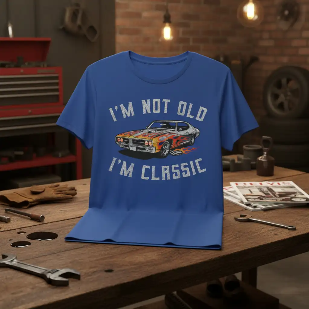 I'm Not Old I'm Classic text design with a hot rod car graphic and flames