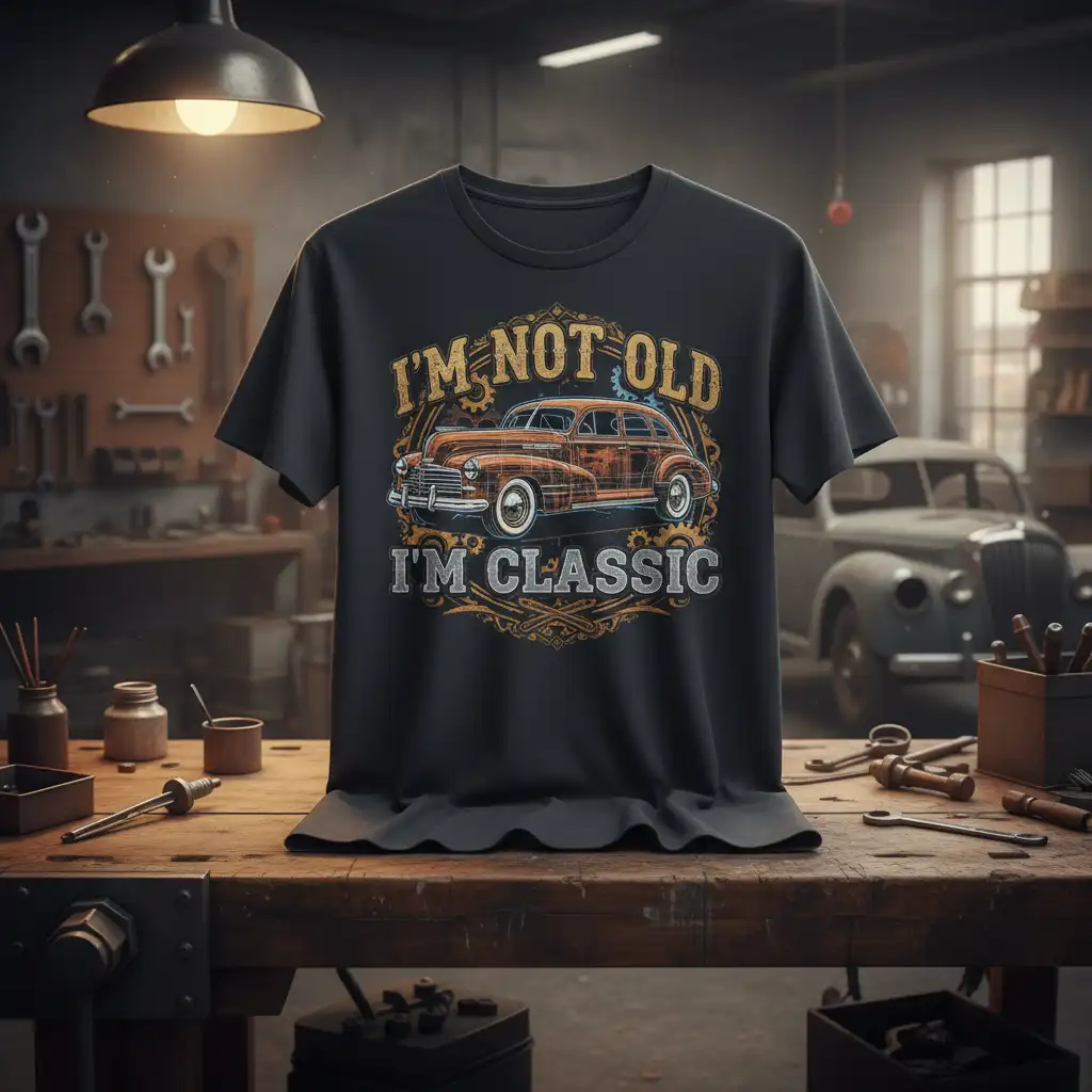 I'm Not Old I'm Classic quote with vintage car illustration on a t-shirt