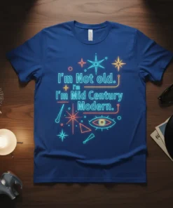 I'm Not old. I'm Mid Century Modern. text with retro starbursts and eye graphic on a blue t-shirt