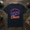 I'm Not Old I'm A Classic text with a retro car graphic, vibrant neon colors on a navy t-shirt