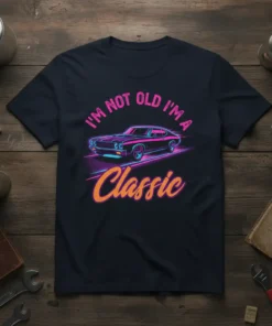 I'm Not Old I'm A Classic text with a retro car graphic, vibrant neon colors on a navy t-shirt