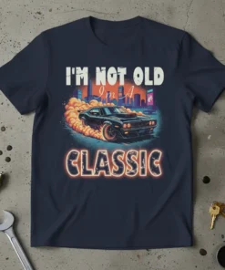 I'm Not Old I'm A Classic text with a vintage muscle car doing a burnout, city skyline background, on a
