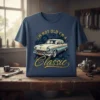 T-shirt featuring the text "I'm Not Old I'm A Classic" with a vintage car graphic and gears