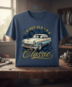 T-shirt featuring the text "I'm Not Old I'm A Classic" with a vintage car graphic and gears