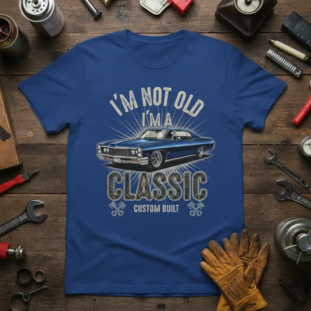 I'm Not Old I'm A Classic Custom Built text design featuring a blue vintage car and piston graphics
