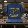 I'm Not Old I'm A Classic quote with vintage car graphic on a navy blue t-shirt