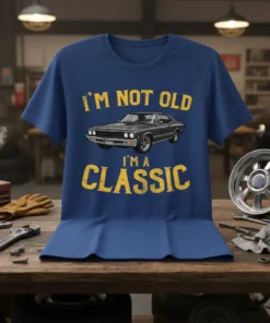 I'm Not Old I'm A Classic quote with vintage car graphic on a navy blue t-shirt