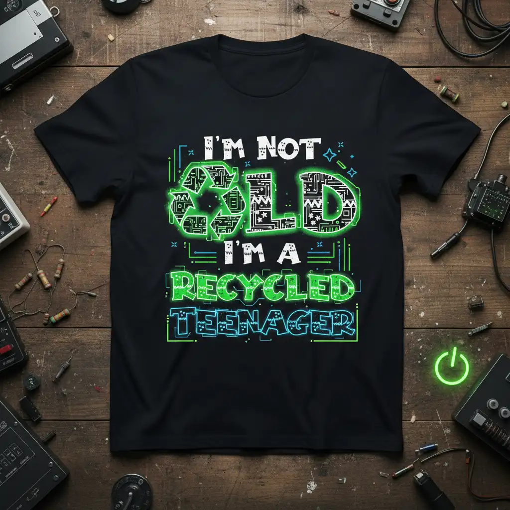 I'm Not Old I'm A Recycled Teenager quote in neon green and blue with circuit patterns and a recycle symbol graphic