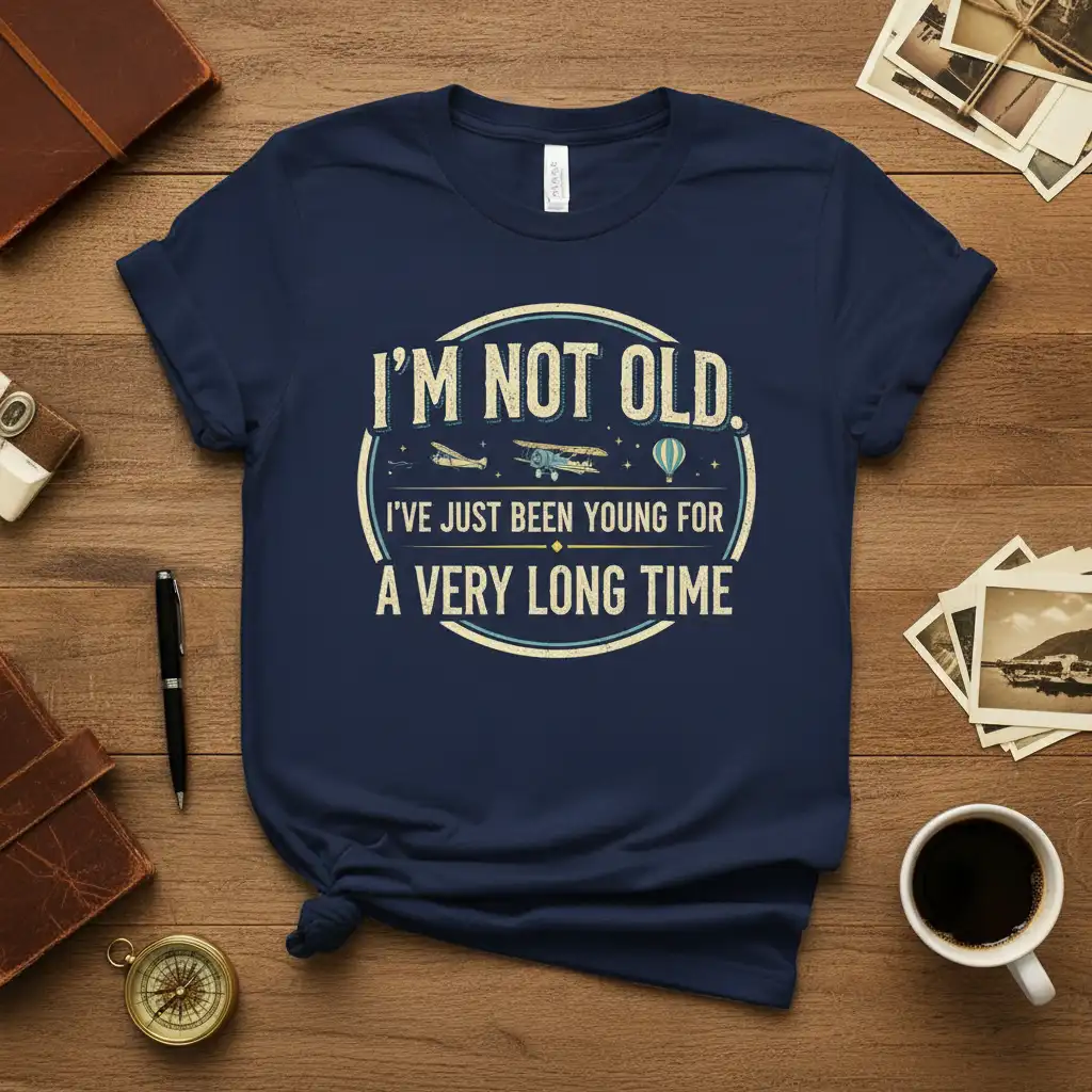 Humorous 'I'm Not Old I've Just Been Young For A Very Long Time' quote on a navy blue t-shirt design with vintage