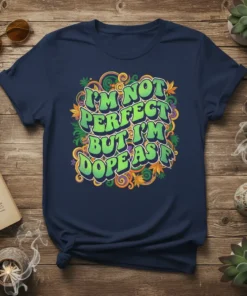 Retro graphic tee with green bubble text saying "I'm Not Perfect But I'm Dope As F" surrounded by swirls and